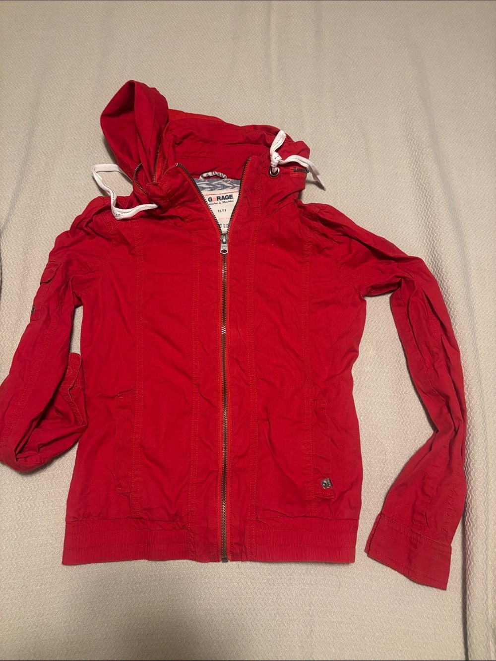 Garage Red Hooded Zip Jacket with White Drawstrings